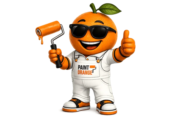 Paint Orange mascot holding a paint roller and giving a thumbs up